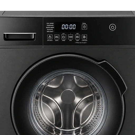 Technician inspecting front load washing machine for repair and maintenance