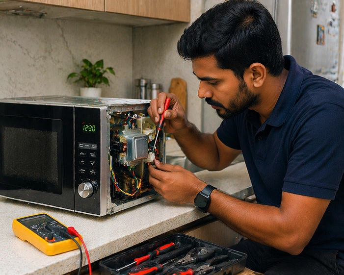 Technician repairing microwave oven not heating or low heating issue