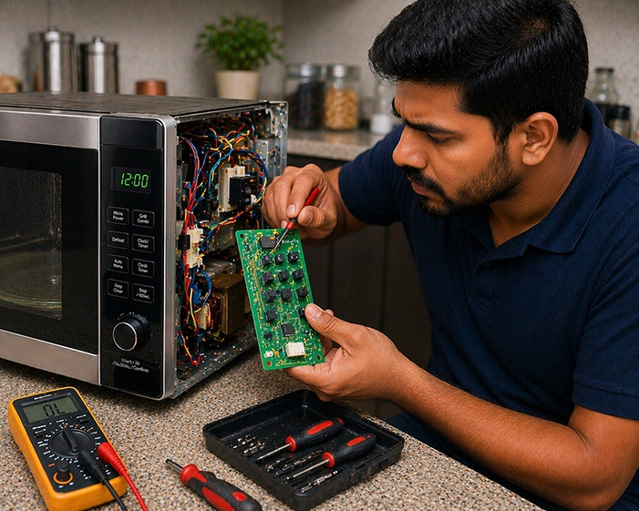 Technician repairing microwave oven PCB board and control panel issue fix delhi