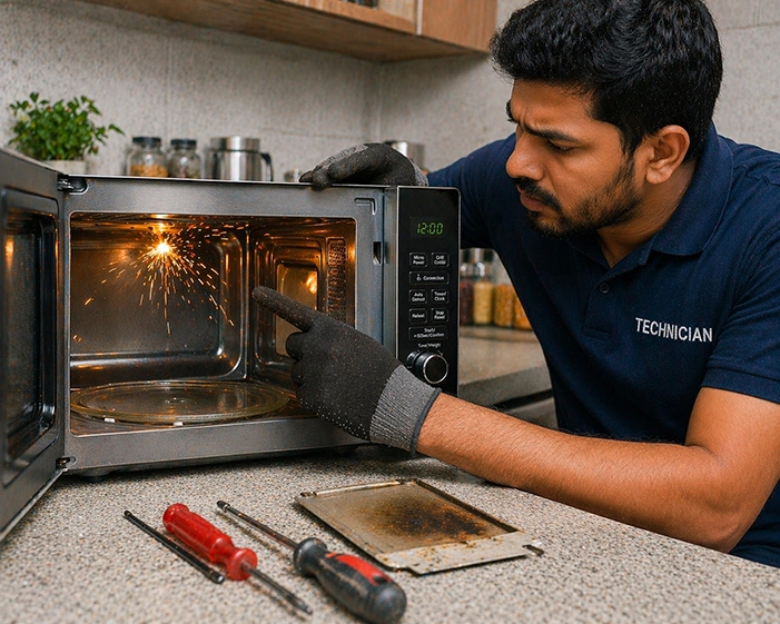 Technician fixing microwave oven sparking or burning smell issue fix delhi